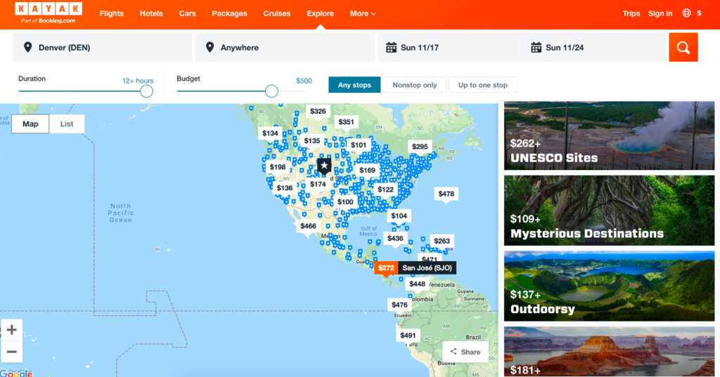 kayak.com explore map for cheap flights